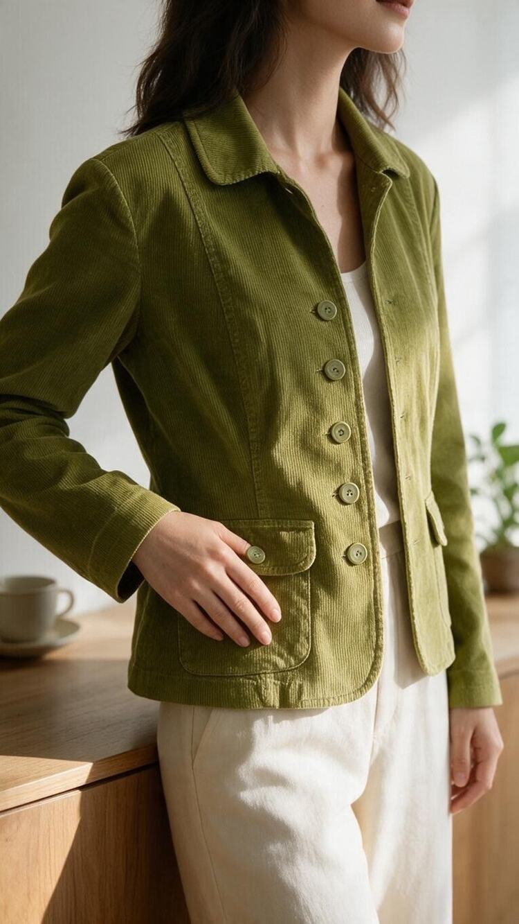 Talbots Petites Green Corduroy Blazer Jacket 4P Cotton Stretch Button Front